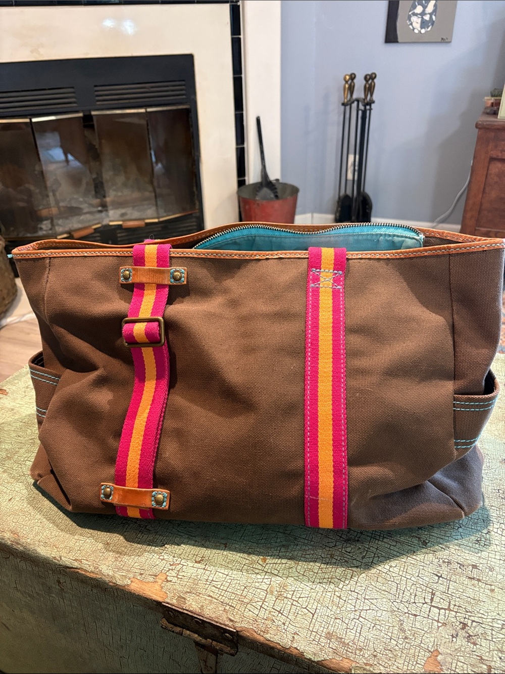 Vtg GAP Canvas Tote Bag Brown Stripe Pink Orange Large Boho Carryall - Picture 5 of 8